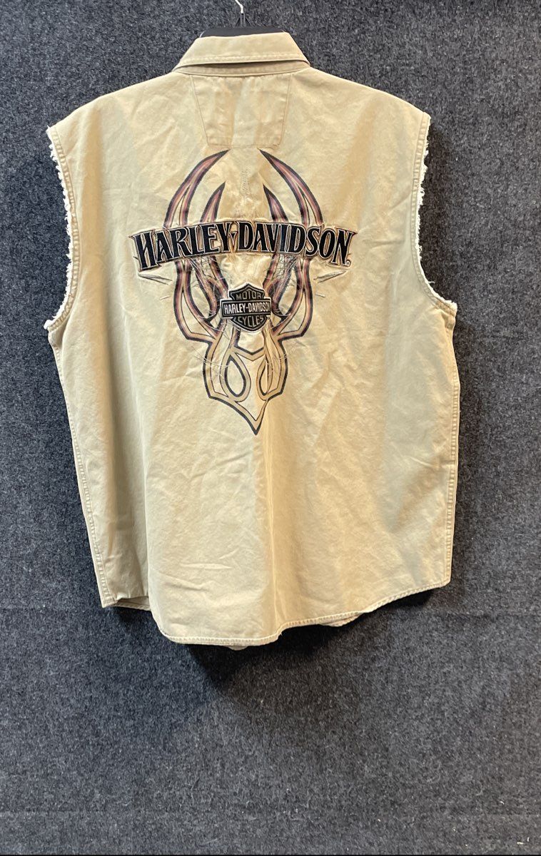 Harley-Davidson Khaki Canvas Sleeveless Embroidered Biker Shirt Sz XL