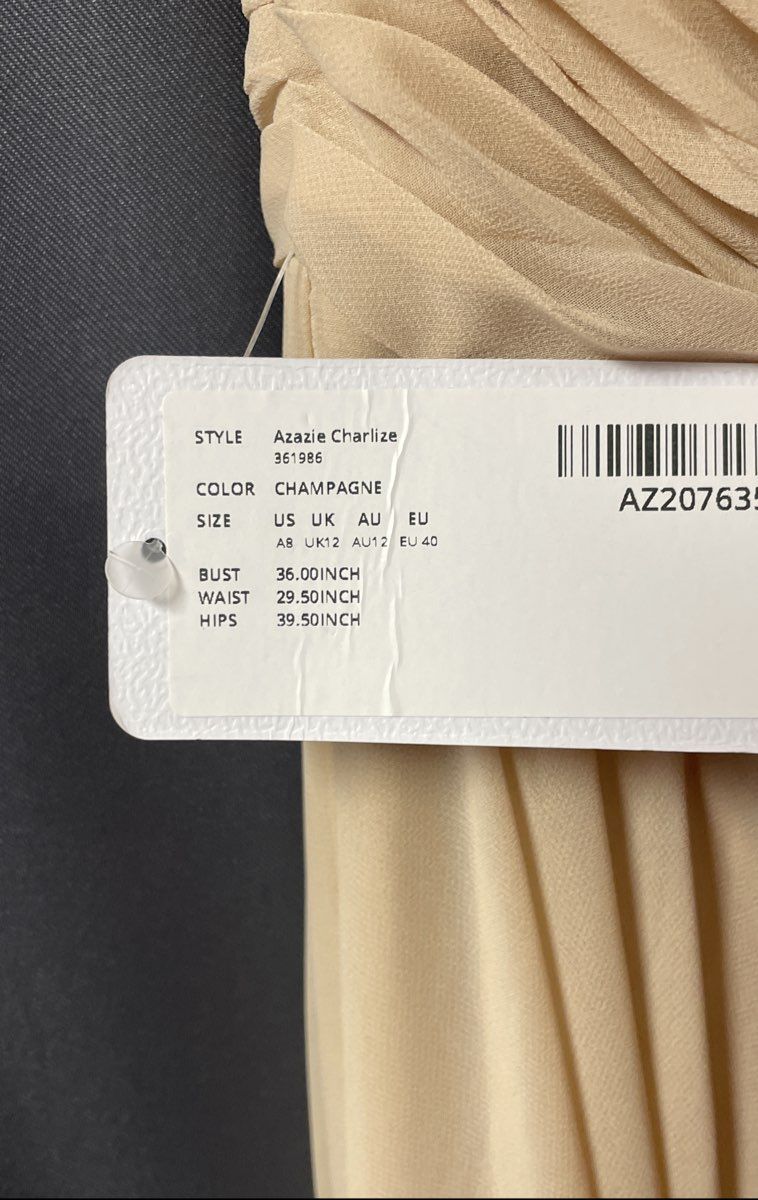 Azazie Women's Charlize Champagne One Shoulder Maxi Gown NWT Sz A8