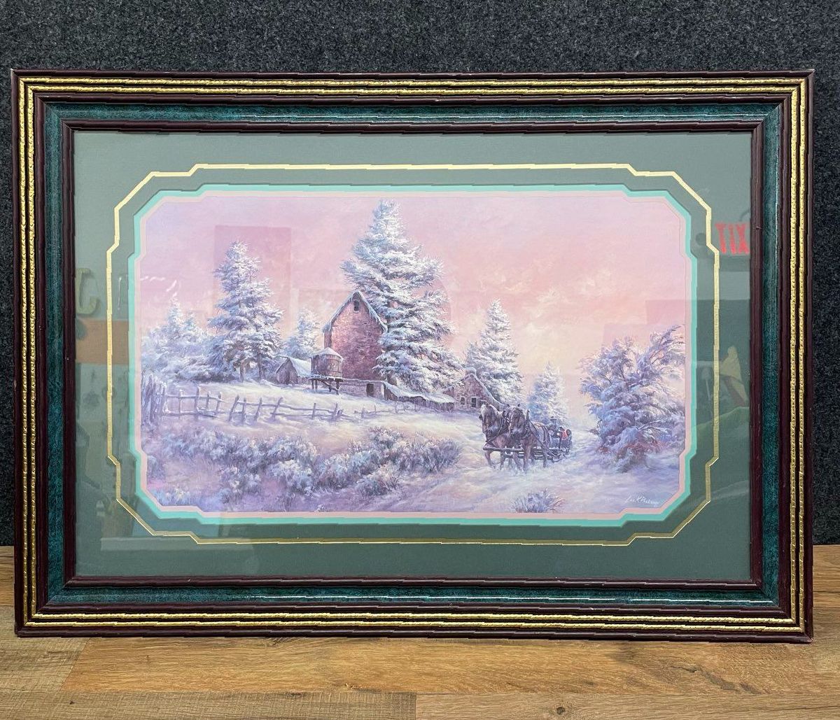 Lee K. Parkinson Signed Lithograph Print Winter Wonderland Horse Sleigh Framed