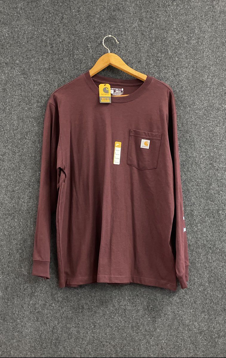 Carhartt Men's Burgundy Loose Fit Long Sleeve Logo Pocket T-Shirt NWT Sz L