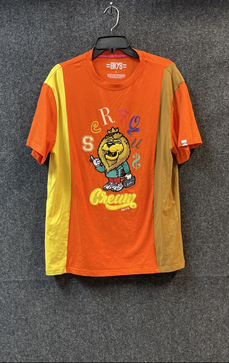 BKYS Men's Orange Colorblock Serious Cream Lion Graphic T-Shirt Sz L