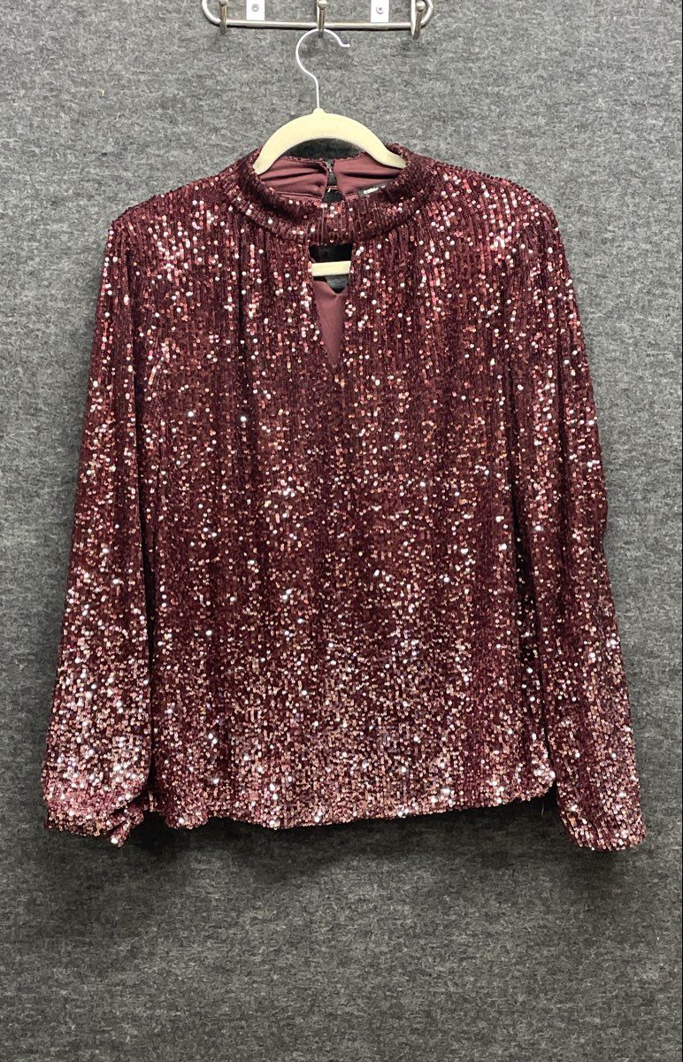 Cable & Gauge Women's Burgundy Mock Neck Sequin Keyhole Long Sleeve Top Sz XL