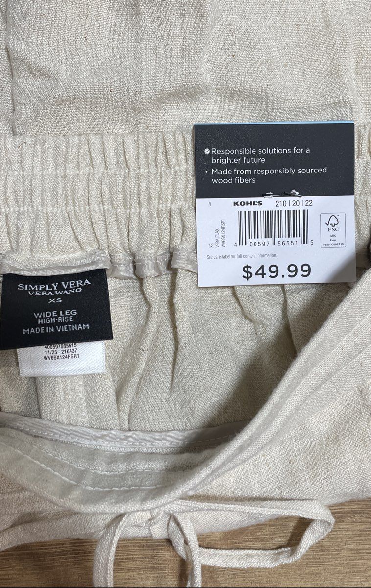 Simply Vera Vera Wang Women's High-Rise Wide Leg Beige Linen Blend Pants Sz XS