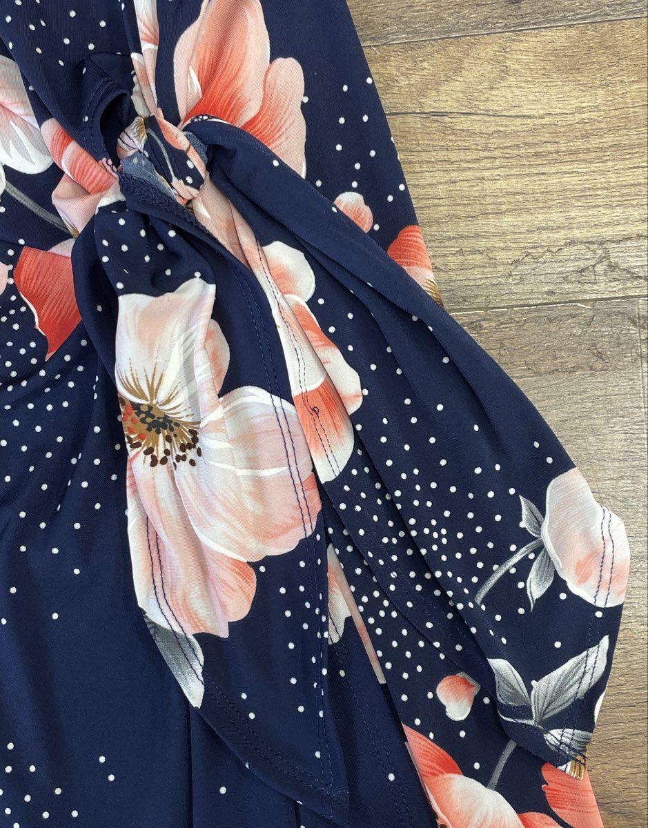 Robbie Bee Women's Navy Blue Floral Polka Dot Side Knot Drape Dress Sz M
