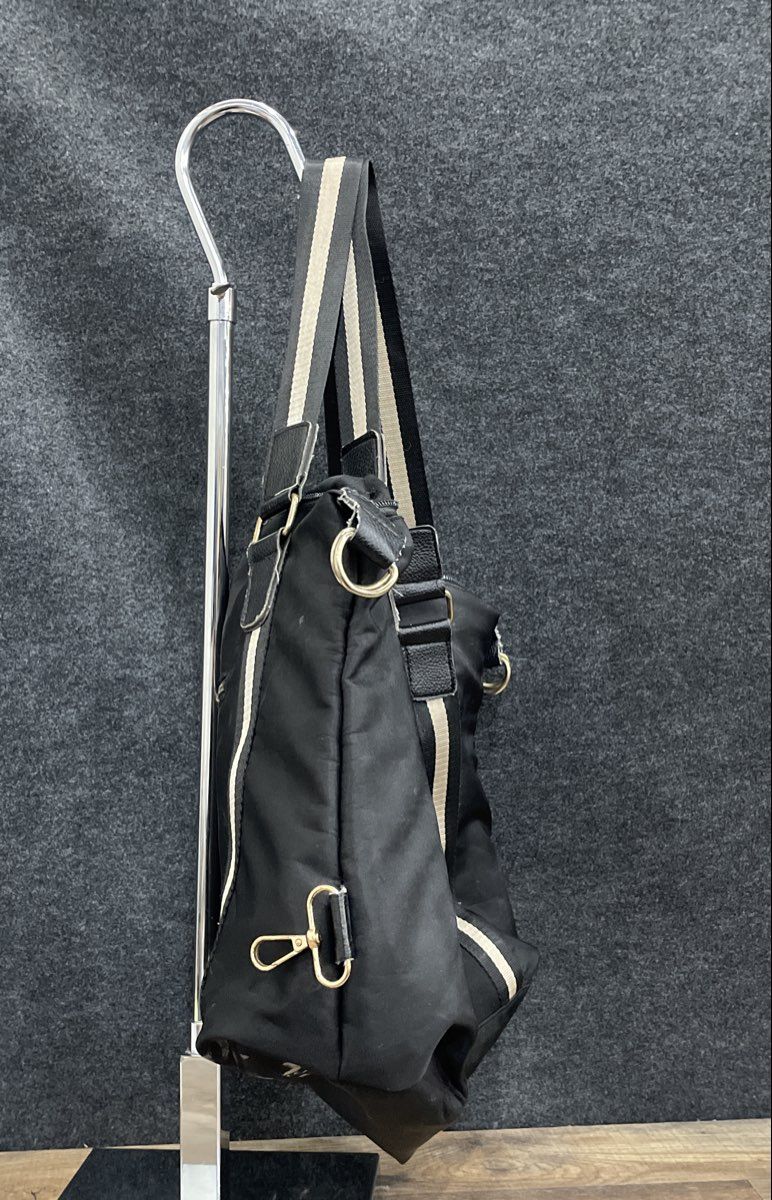 Beverly Hills Polo Club Black Fabric Tote Bag Striped Straps Gold Hardware