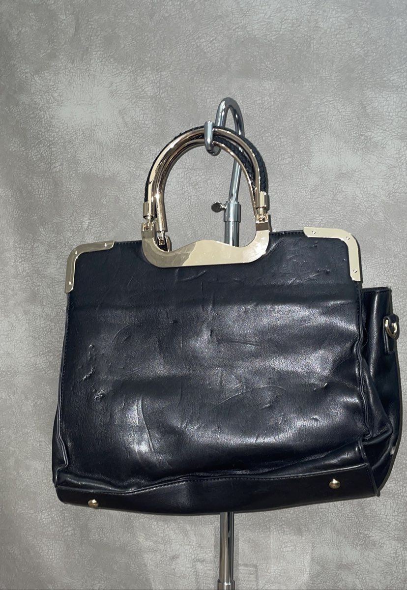 Black Faux Leather Braided Top Handle Satchel Tote Bag Gold Hardware Large