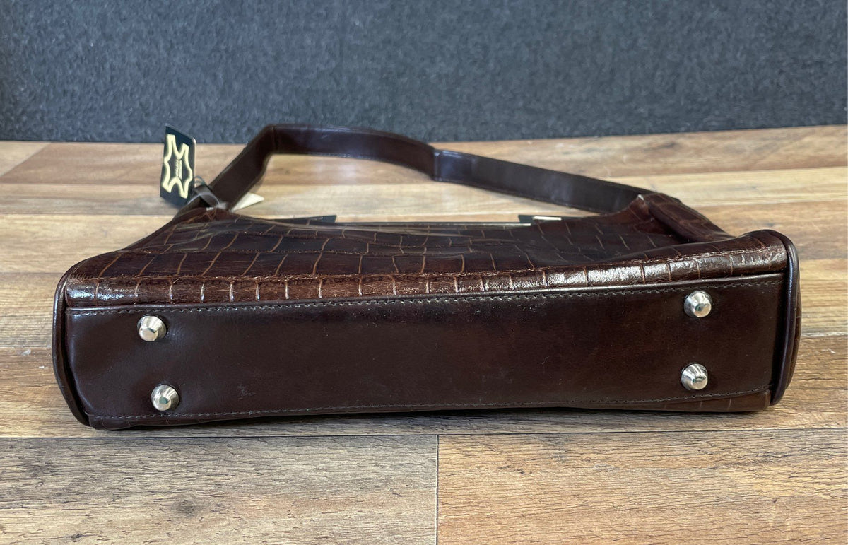 M.C. Brown Croc Embossed Genuine Leather Frame Shoulder Bag NWT 9033