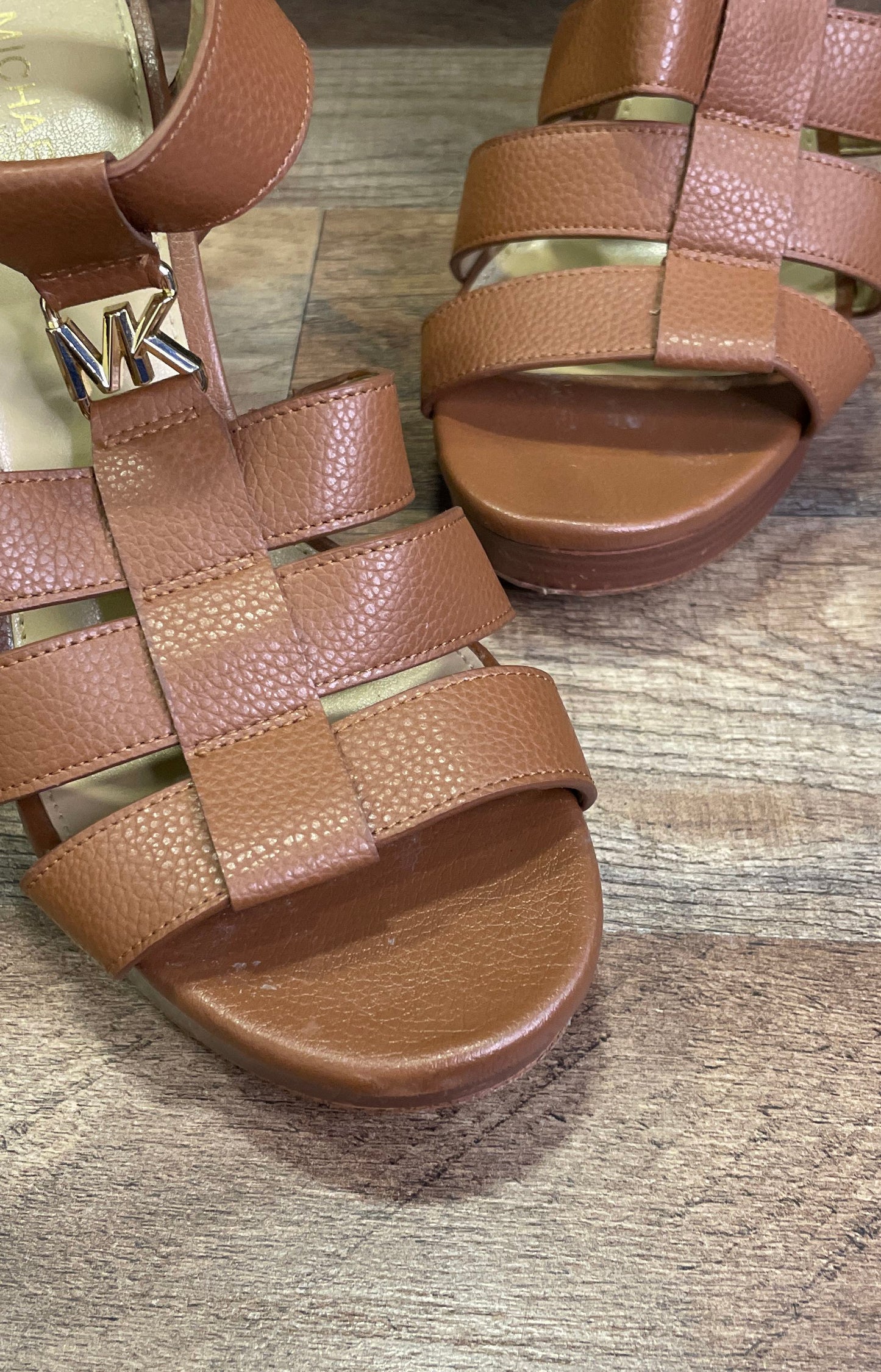 Michael Kors Reed Luggage Brown Platform Block Heel Sandals Women's Size 5M
