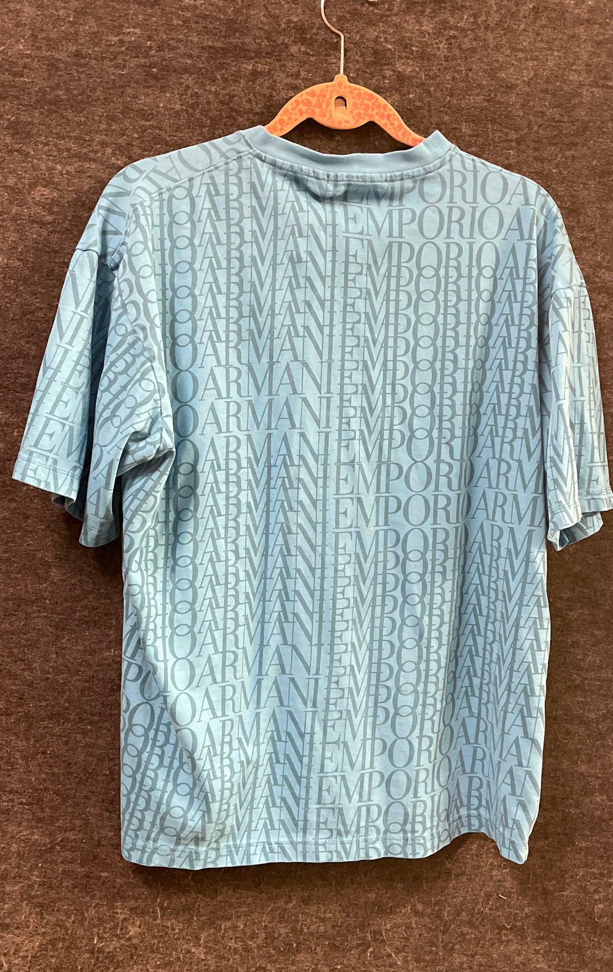 Emporio Armani Women's Light Blue All Over Logo Print T-Shirt Sz 1X