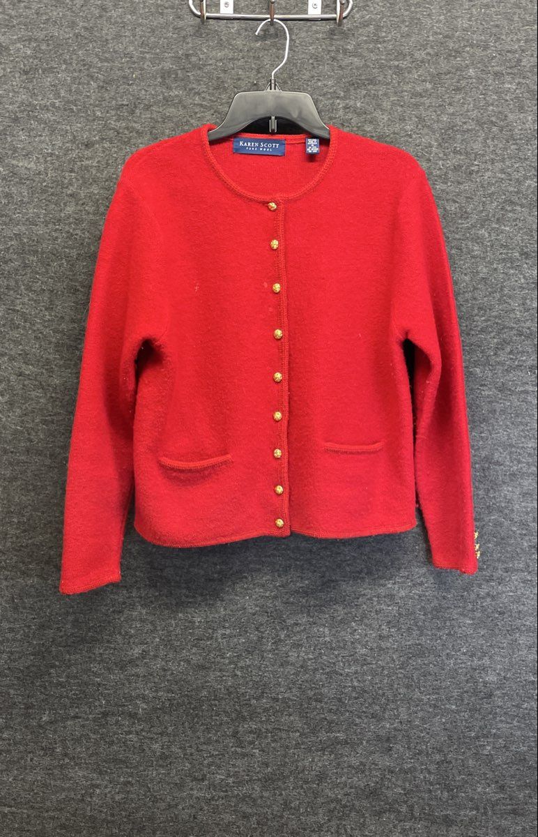 Vintage 90s Karen Scott Women's Red Pure Wool Cardigan Gold Crest Buttons Sz M