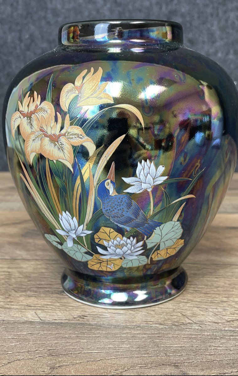 Vintage Japanese Lusterware Vase Iris Bird Black Iridescent 7 Inch