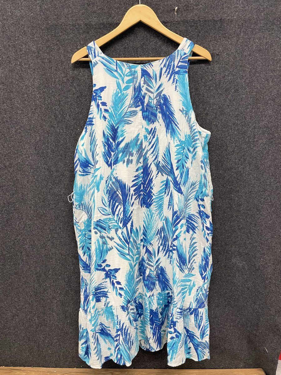 AGB Women's Blue White Tropical Palm Leaf Sleeveless Tiered Dress NWT Sz 1X