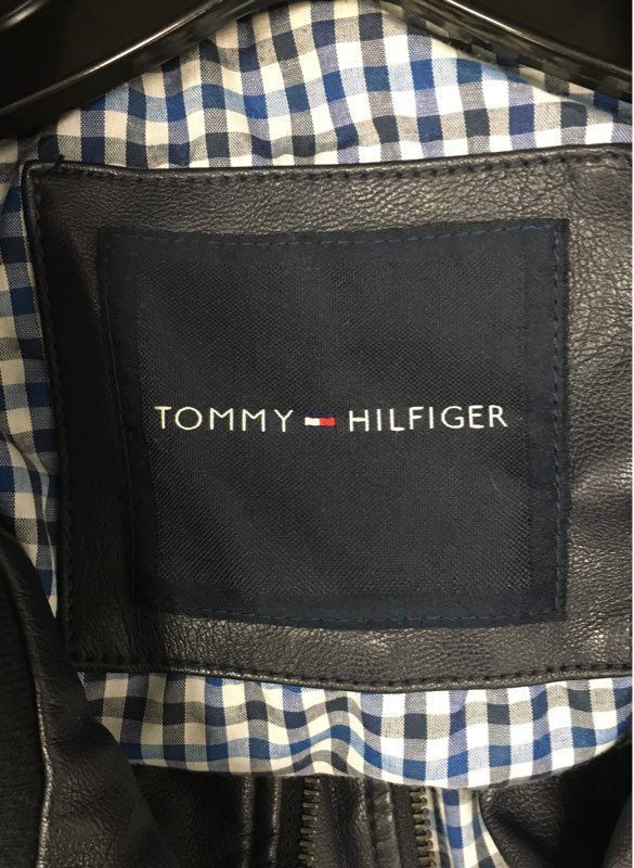 Tommy Hilfiger Men's Navy Blue Faux Leather Bomber Jacket Gingham Lined Sz M