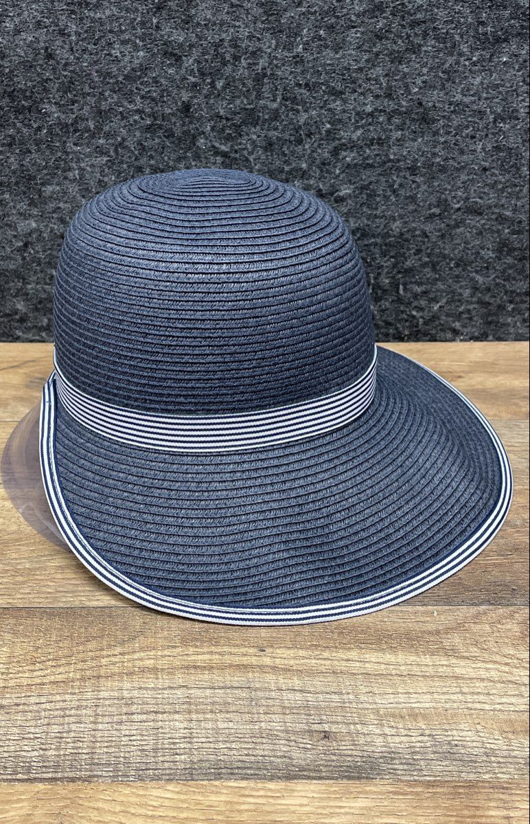 Lands' End Women's Navy Blue Wide Brim Straw Hat Striped Band Sz S-M
