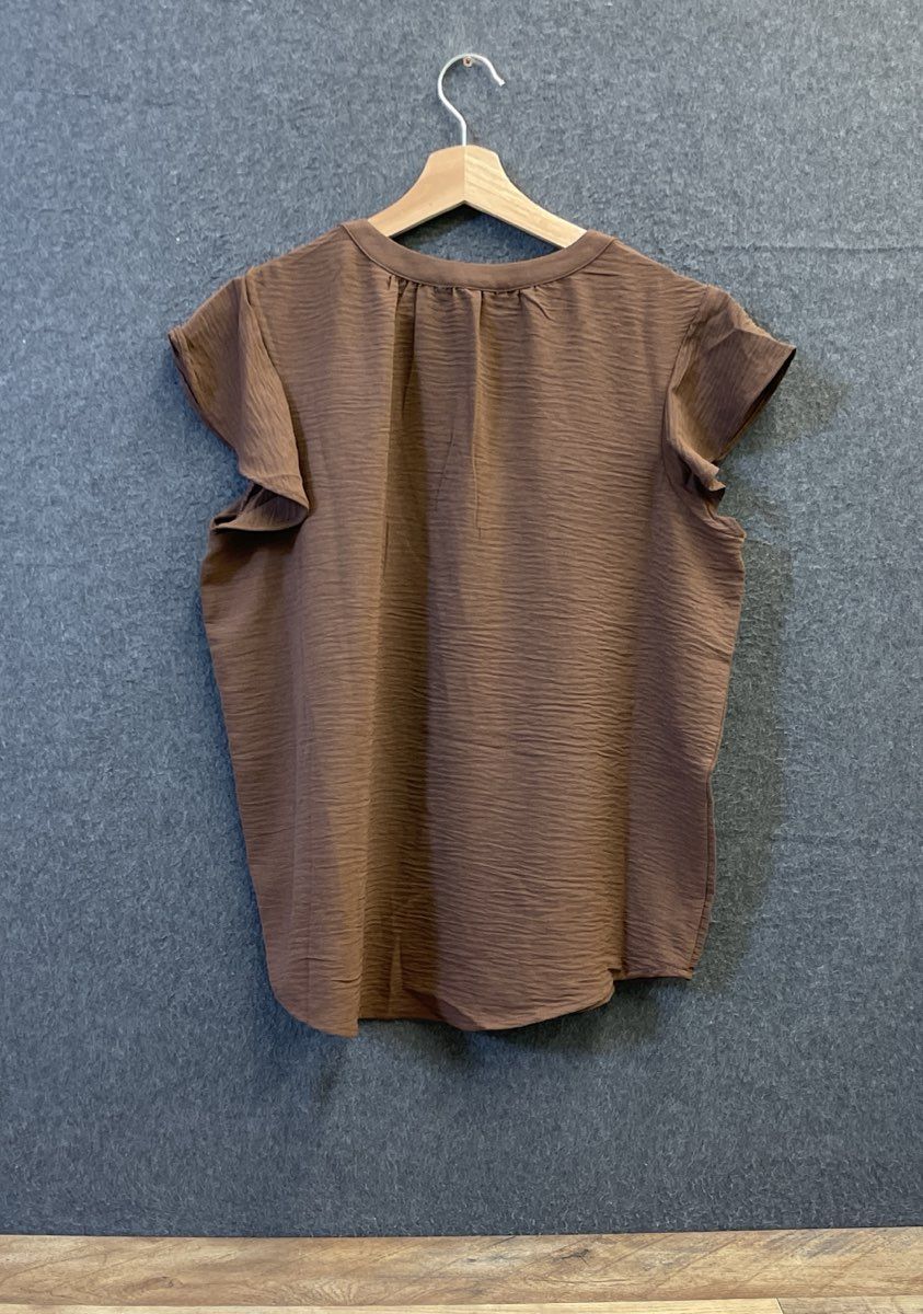 Adrianna Papell Women's Brown V-Neck Woven Top Flutter Cap Sleeve Sz M NWT