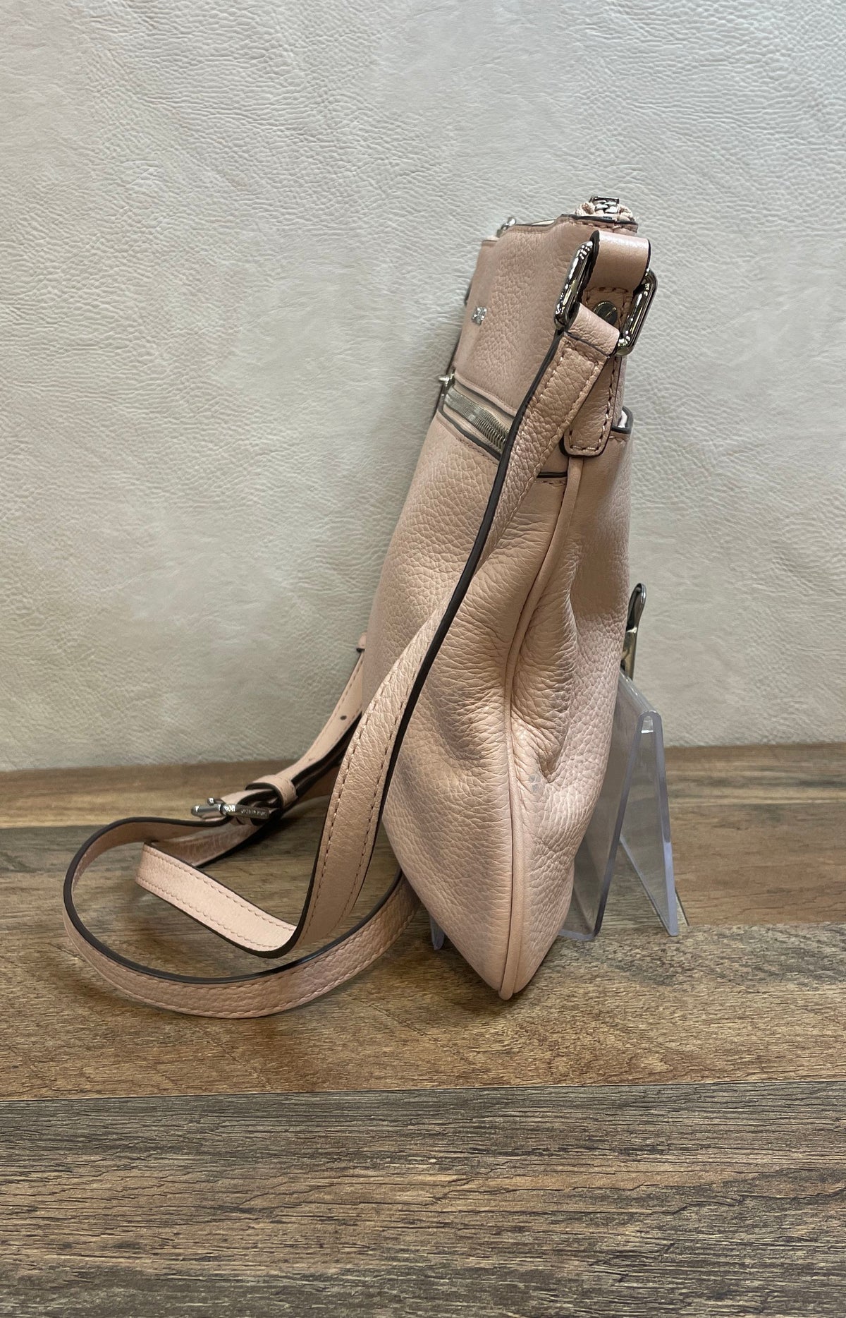 Michael Kors Blush Pink Pebbled Leather Flat Crossbody Bag Silver Hardware