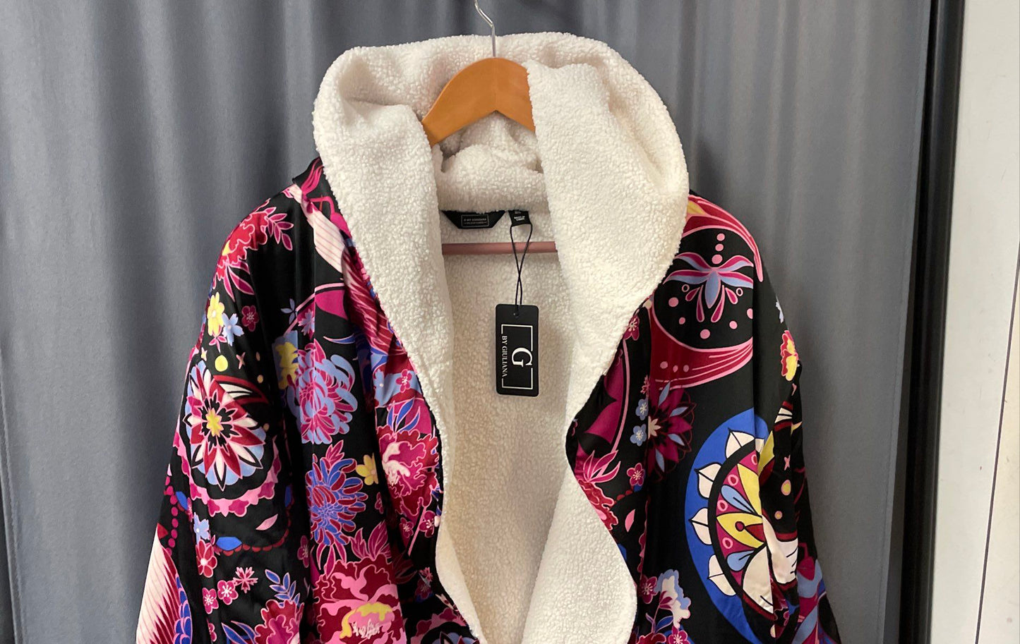 G by Giuliana Black Label Women's Floral Fleece Lined Hooded Robe NWT Sz M/L