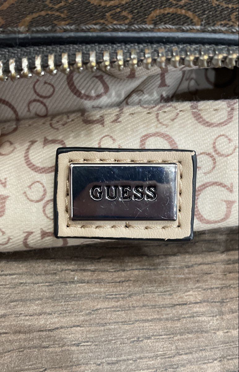 Guess Brown Leather Monogram Satchel Handbag Crossbody Bag Tan Trim