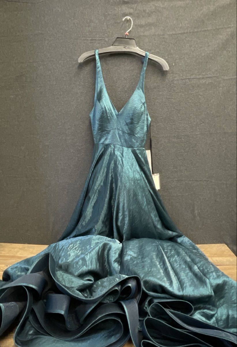 Alyce Paris Women's Teal Metallic Crinkle V-Neck Formal Gown Sz 0 NWT