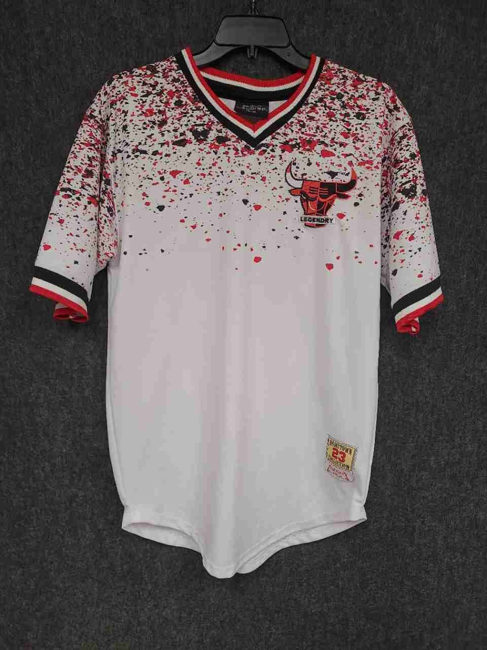 Chicago Bulls Hometown 23 Splatter V-Neck Baseball Jersey Black Lacquer Sz XL