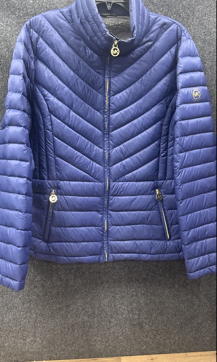 Michael Kors Women's Blue Packable Down Chevron Quilted Puffer Jacket Sz XL