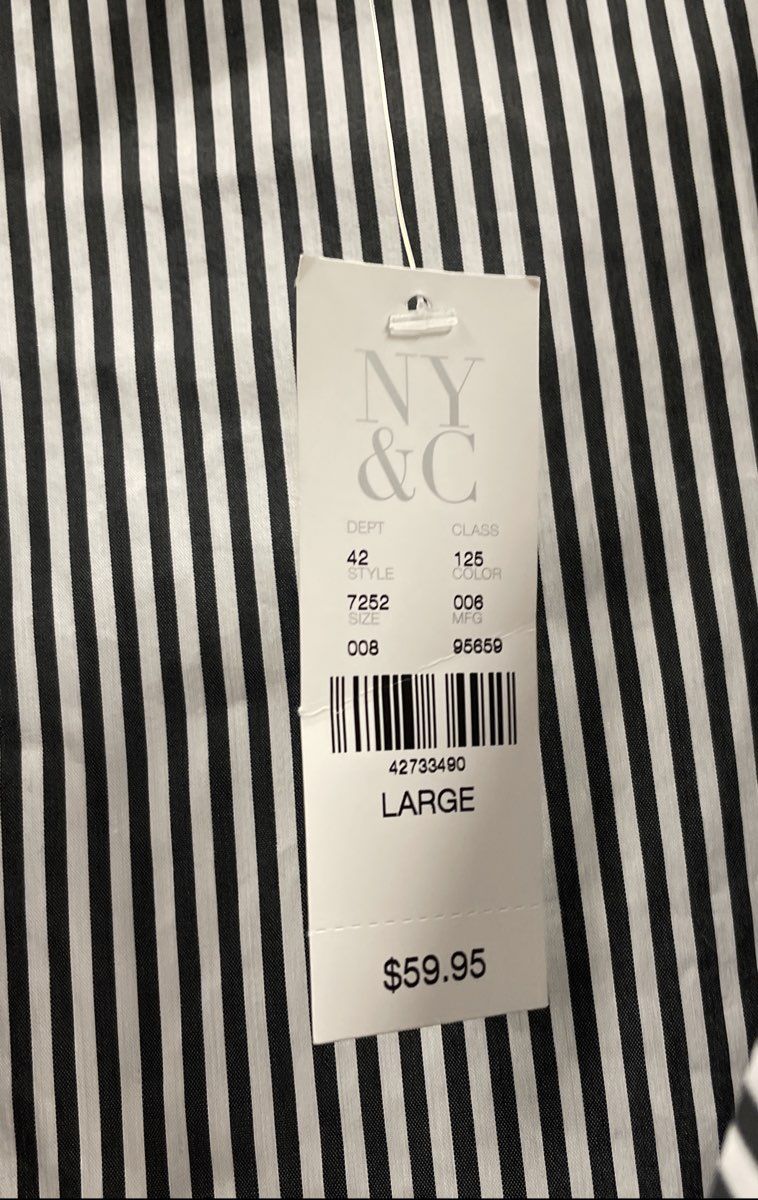 NY&C 7th Ave Women's Black Striped Wrap Blouse Tie Waist Puff Sleeve Sz L NWT