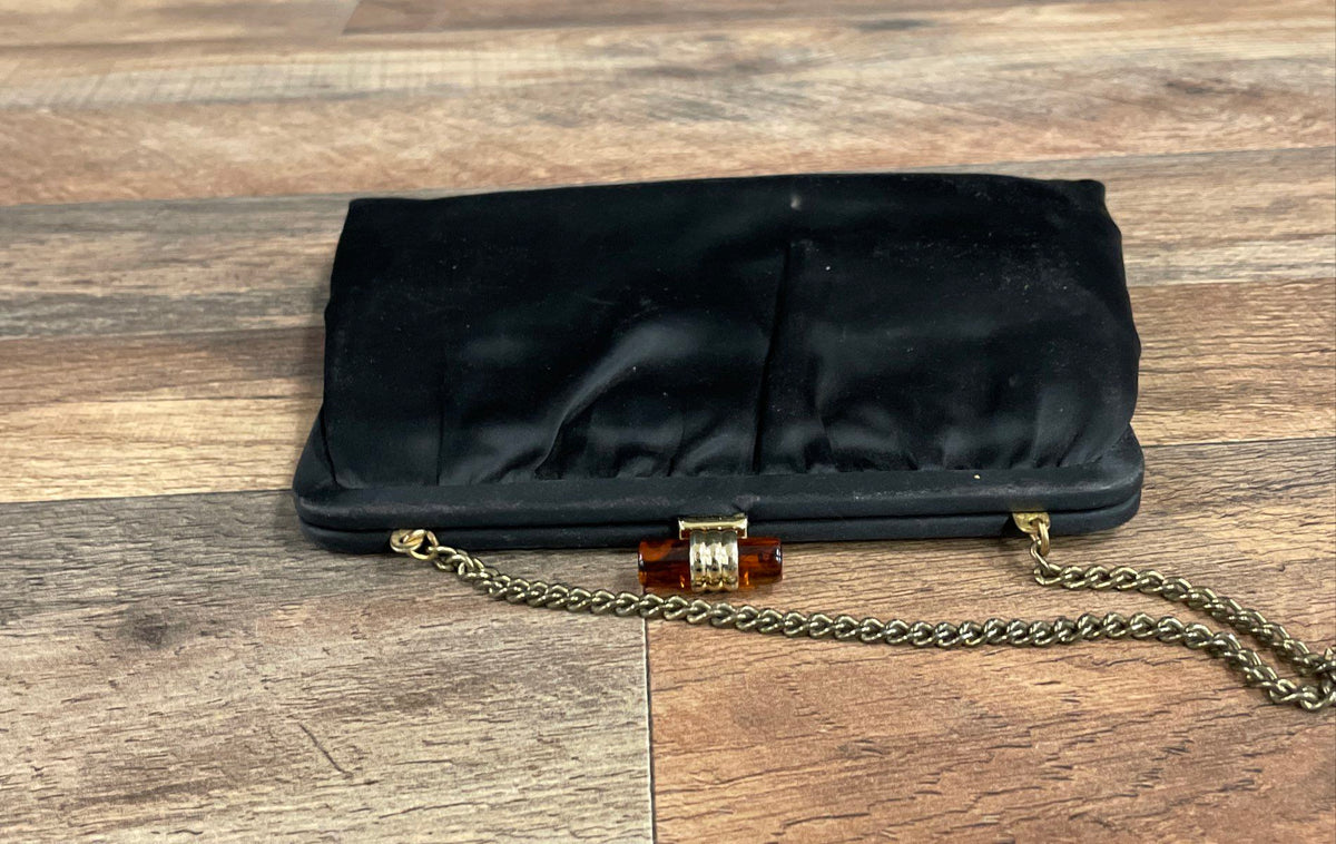 Vintage Ande Black Satin Evening Bag Clutch Gold Chain Amber Clasp Mirror