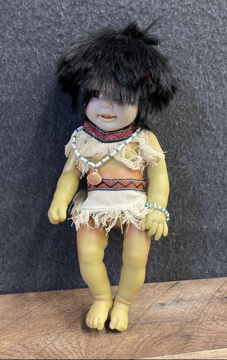 Vintage Native American Style Doll Vinyl 13" Beaded Outfit Faux Fur Hair