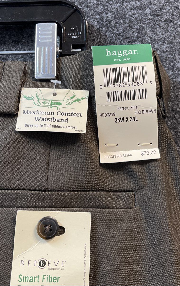 Haggar Men's Brown Repreve Stria Pleated Cuffed Dress Pants Sz 36x34 NWT