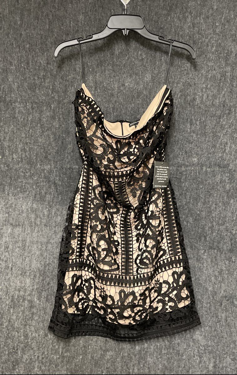 Boston Proper Women's Black Lace Strapless Cocktail Dress Nude Sz 12 NWT