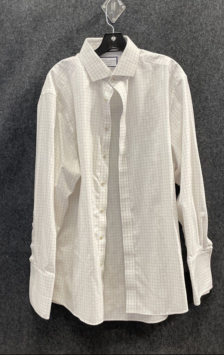 Charles Tyrwhitt Men's White Tan Grid Non-Iron Classic Fit Double Cuff Sz 17/34
