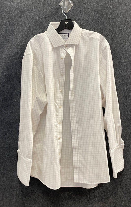 Charles Tyrwhitt Men's White Tan Grid Non-Iron Classic Fit Double Cuff Sz 17/34