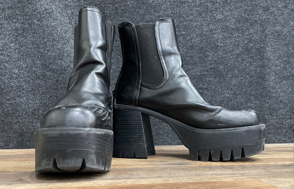 Black Faux Leather Platform Block Heel Lug Sole Ankle Boots Women's Size 6.5