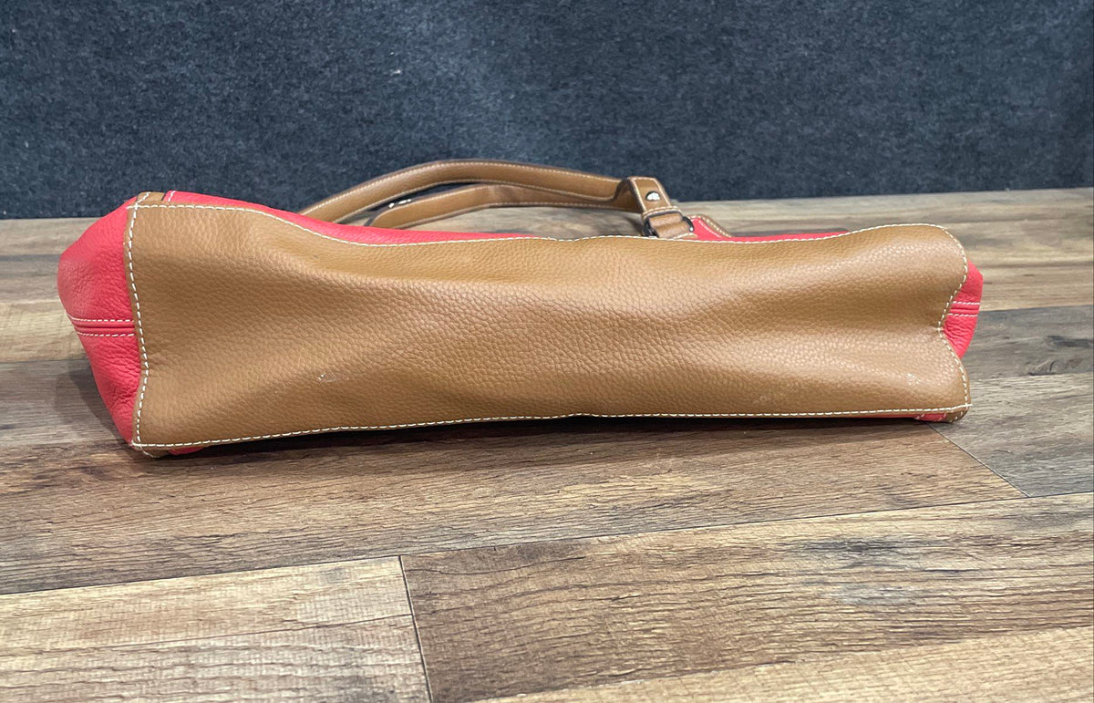 Tignanello Red Brown Pebbled Leather Shoulder Bag Tote Silver Hardware