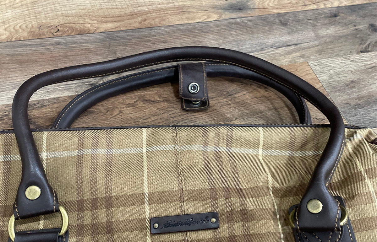Eddie Bauer Brown Plaid Canvas Travel Weekender Satchel Bag Brass Hardware