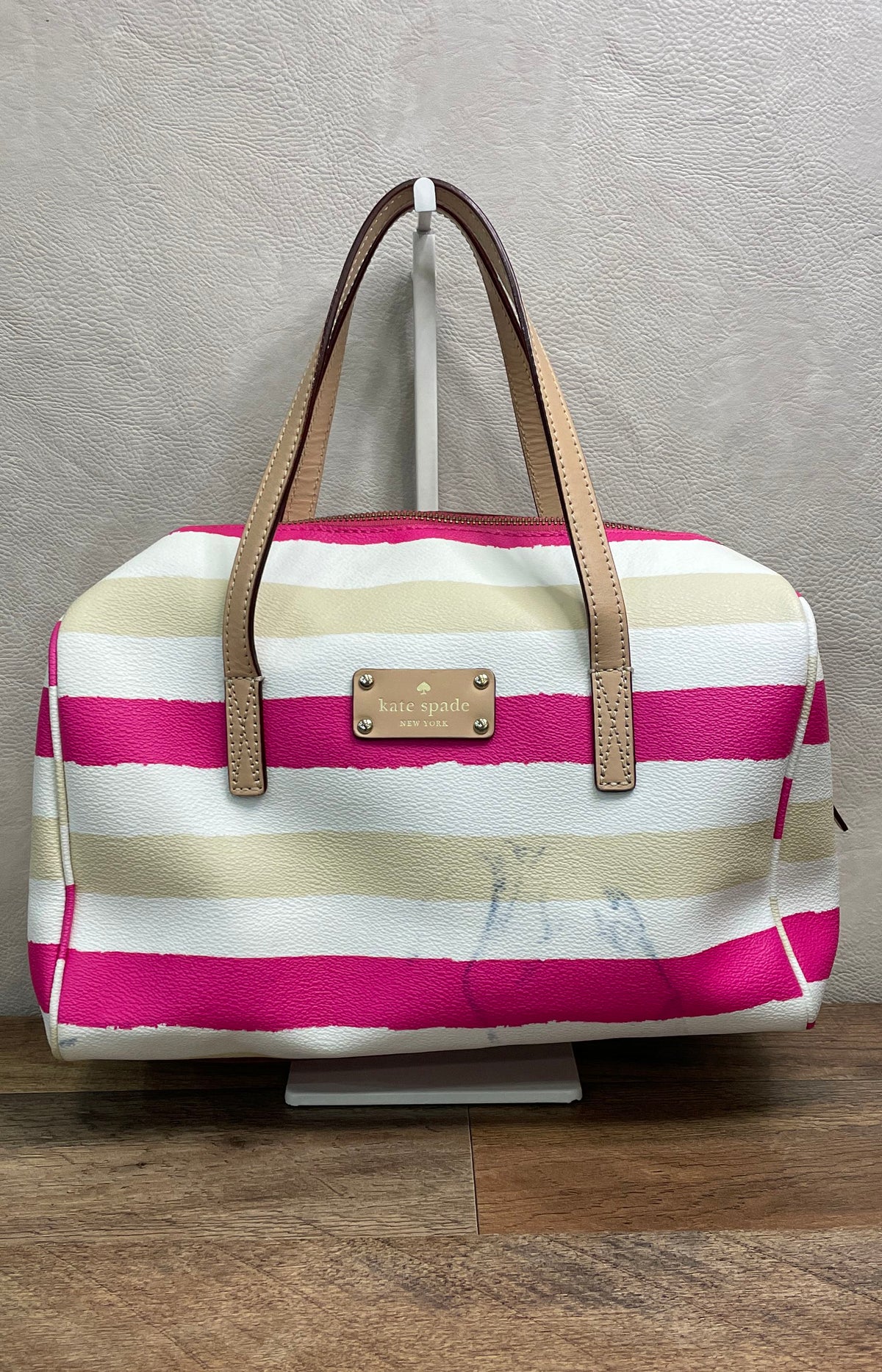 Kate Spade Pink White Cream Striped Leather Satchel Bag Gold Hardware
