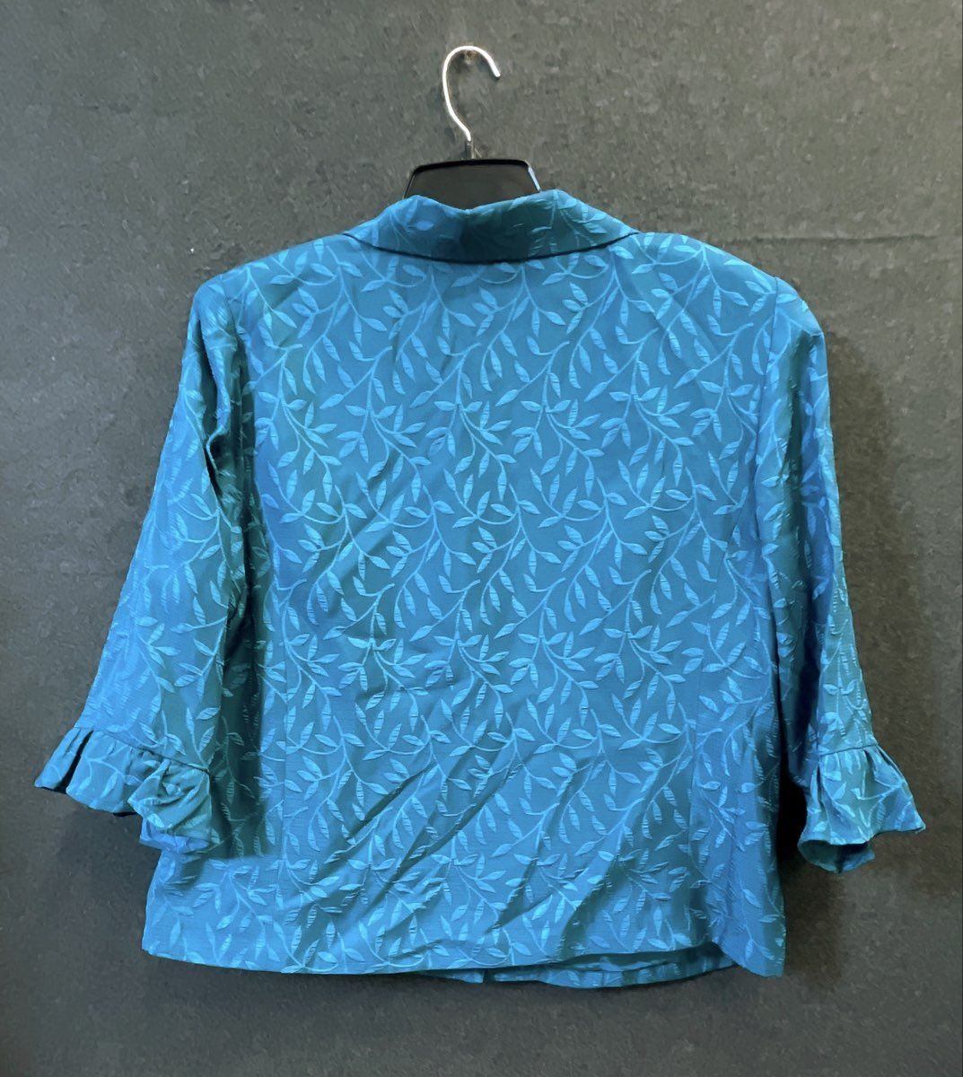 Studio I Women's Teal Leaf Jacquard 3/4 Sleeve Ruffle Cuff Blazer Sz 16W