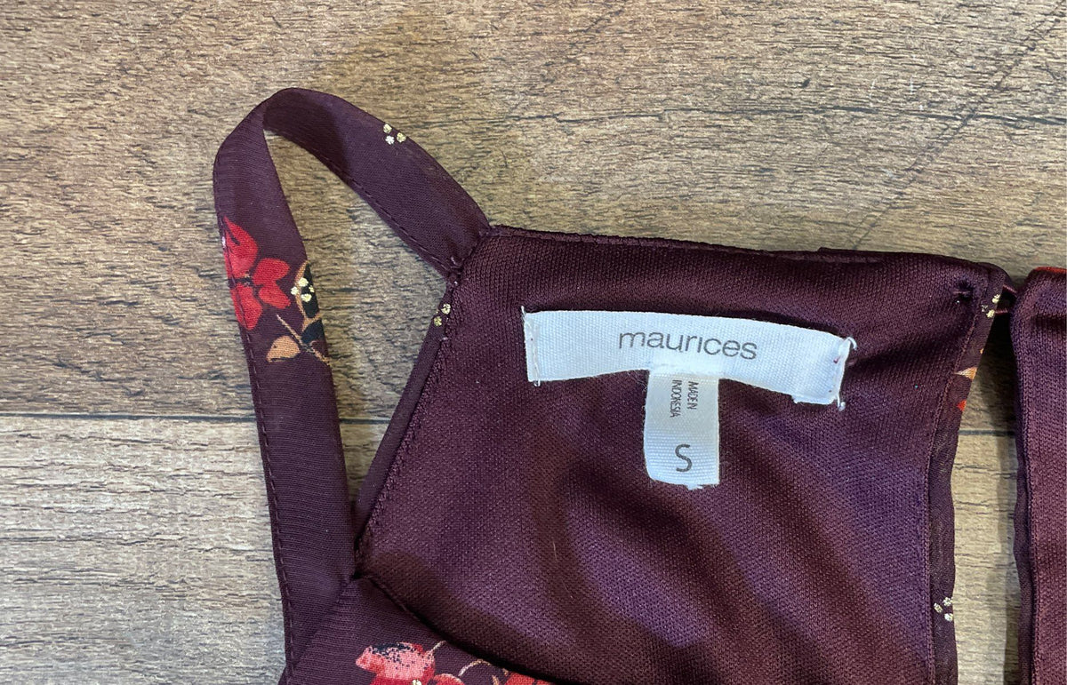 Maurices Women's Floral Sleeveless Dress Burgundy Metallic Dot Pleated Neck Sz S