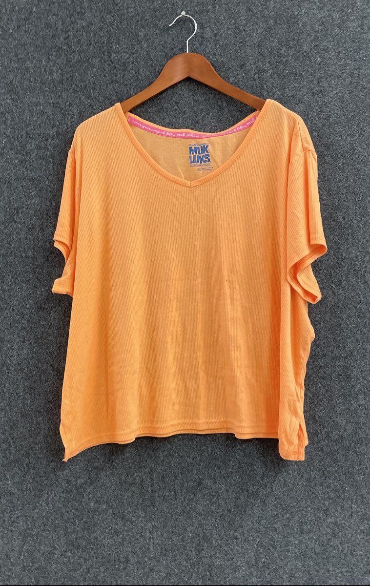Muk Luks Women's Orange Ribbed Short Sleeve V-Neck Top Loungewear Sz 2X