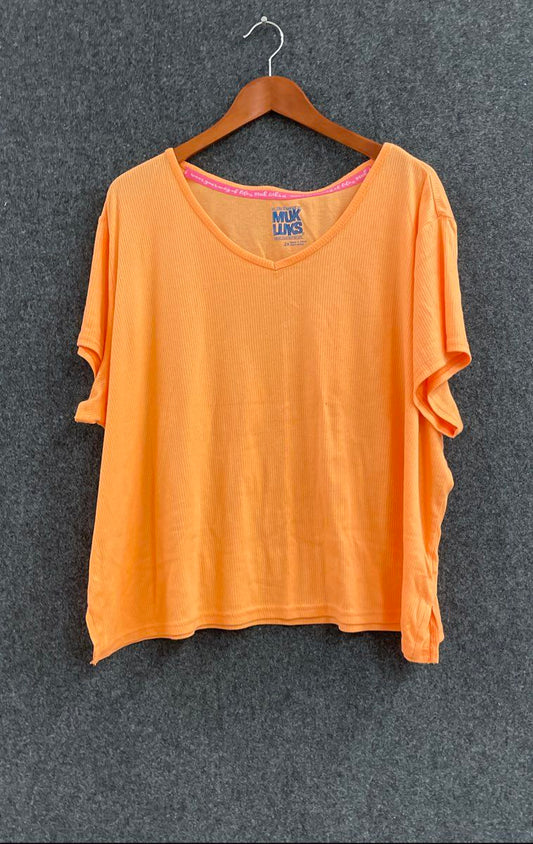 Muk Luks Women's Orange Ribbed Short Sleeve V-Neck Top Loungewear Sz 2X