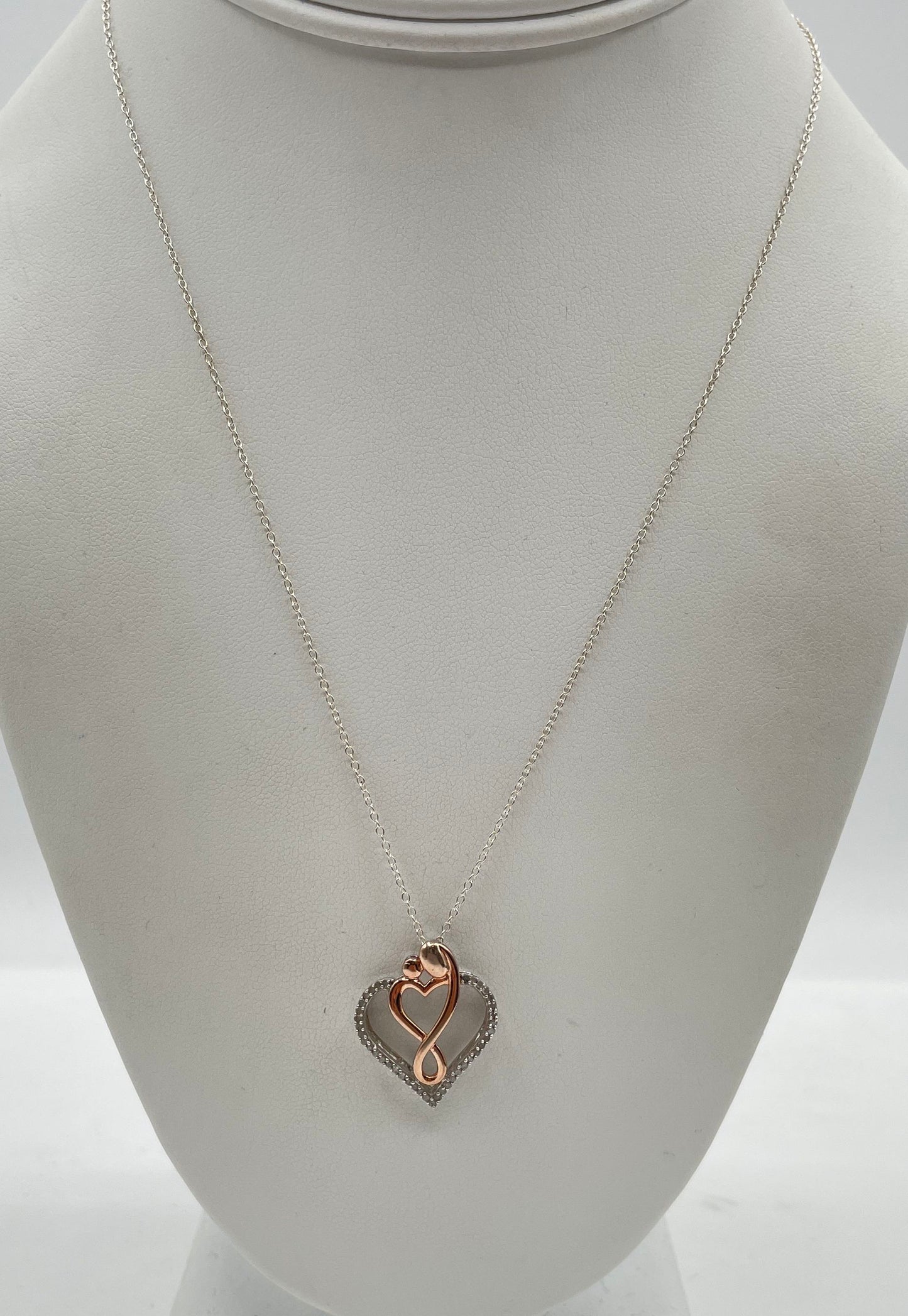 Two-Tone 925 Sterling Moissanite Parent & Child Heart Pendant Necklace 2.8g