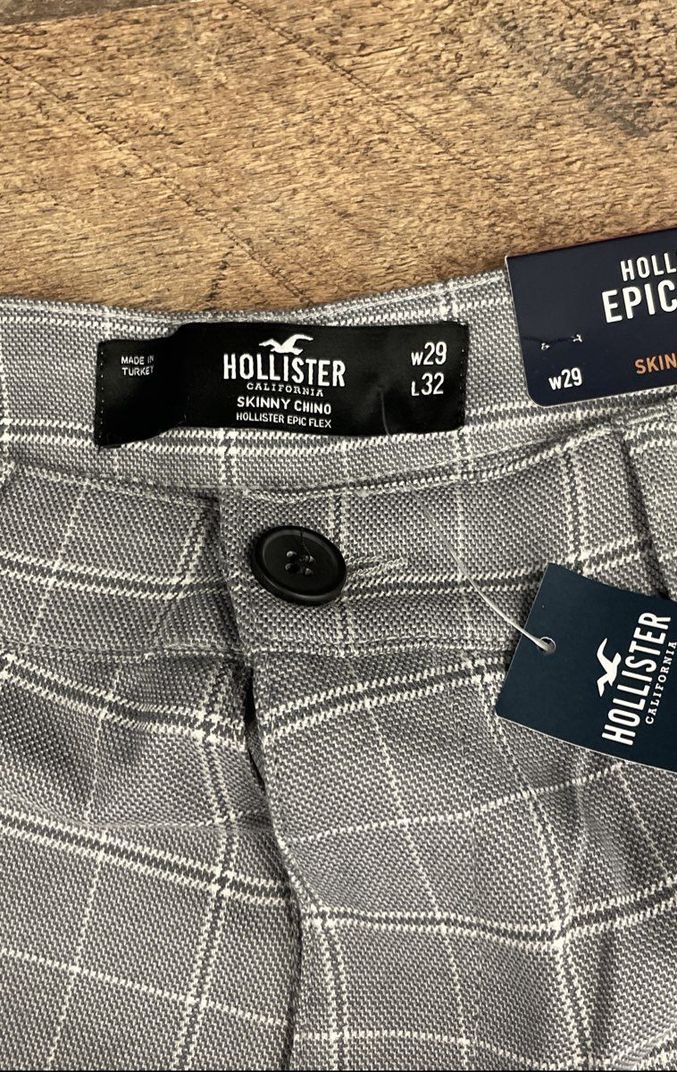 Hollister Men's Gray Epic Flex Skinny Chinos Windowpane Plaid Pants NWT Sz 29x32