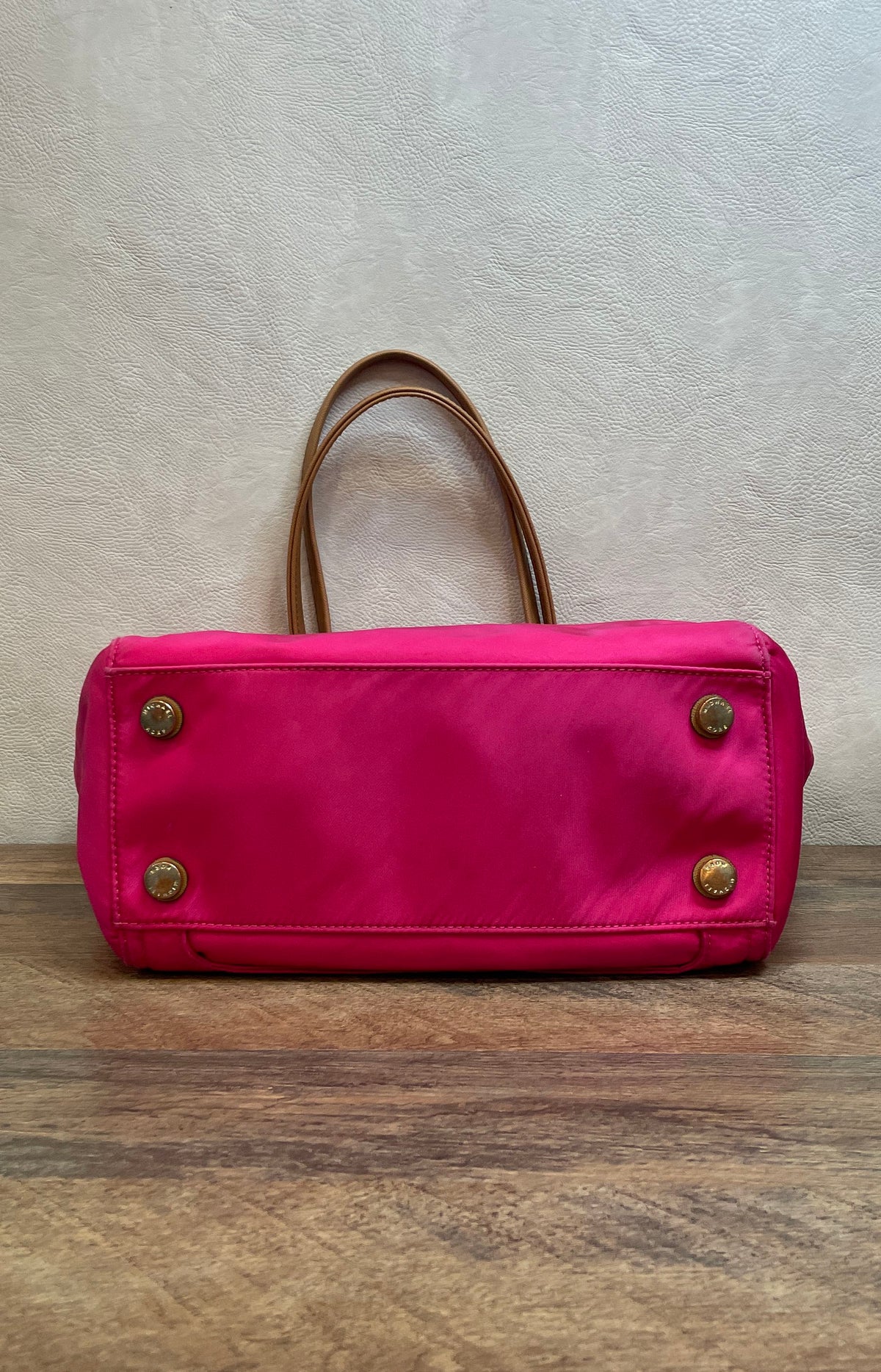 Michael Kors Hot Pink Nylon Tote Bag Brown Leather Trim Gold Hardware