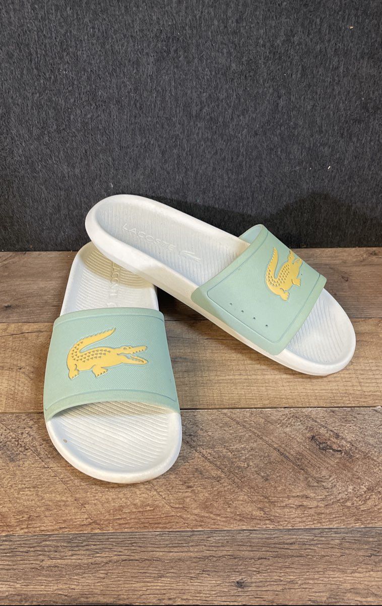 Lacoste Fraisier White Aqua Yellow Slide Sandals Size 10.5" Footbed