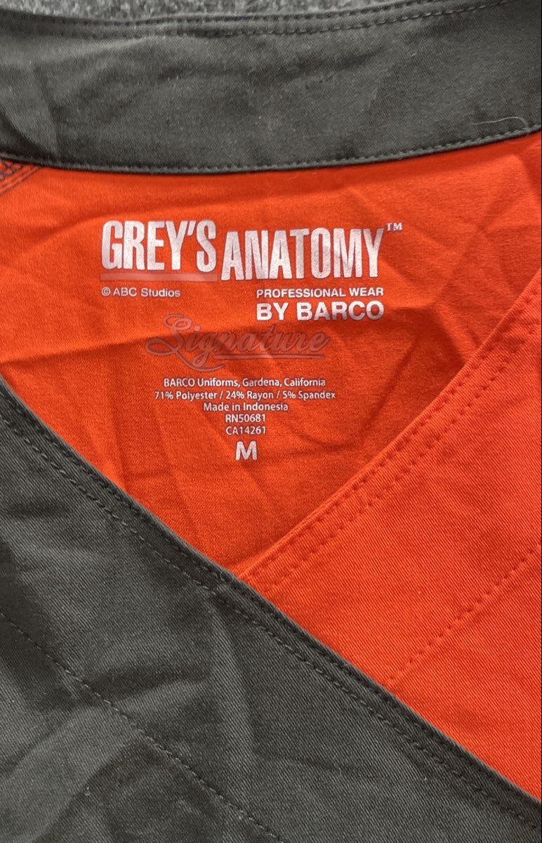 Grey's Anatomy by Barco Women's Scrub Top Gray Orange Colorblock Signature Sz M