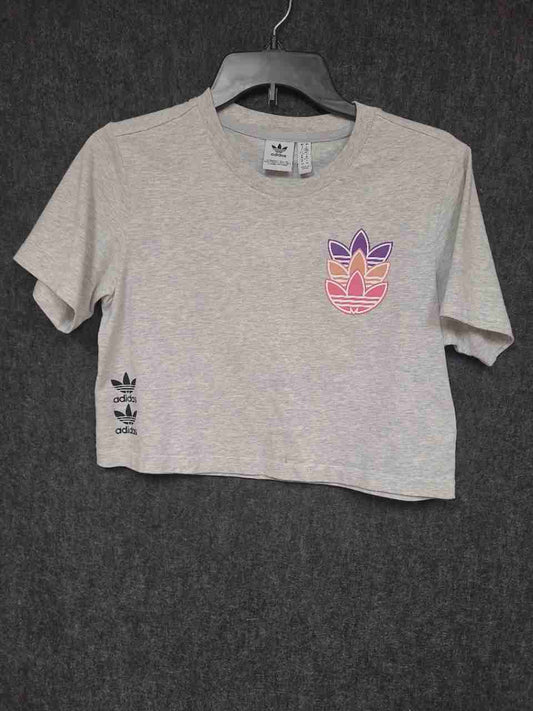 Adidas Women's Gray Graphic Trefoil Logo Short Sleeve Crop Top Size S