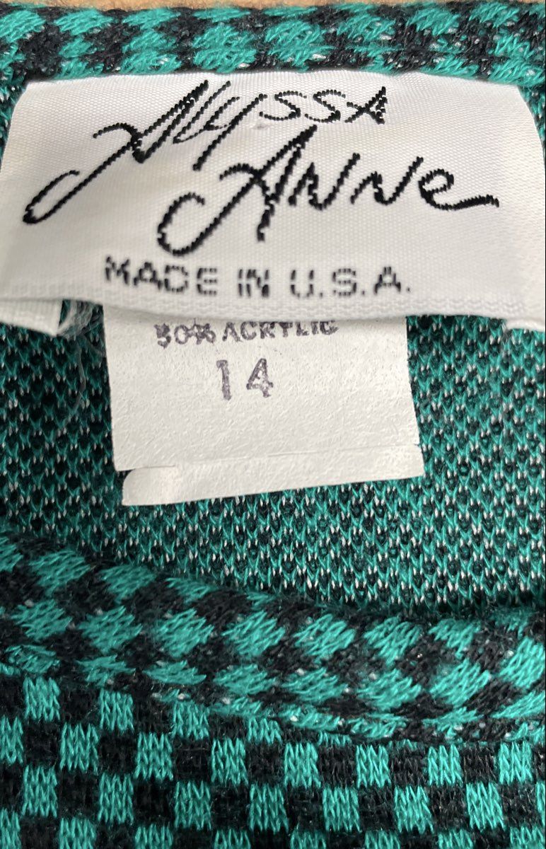 Vintage 90s Alyssa Anne Women's Green Black Checkered Drawstring Tunic Top Sz 14