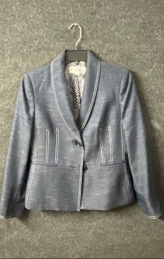 Le Suit Women's Cropped Blazer Jacket Blue Contrast Piping Snakeskin Lining 6P