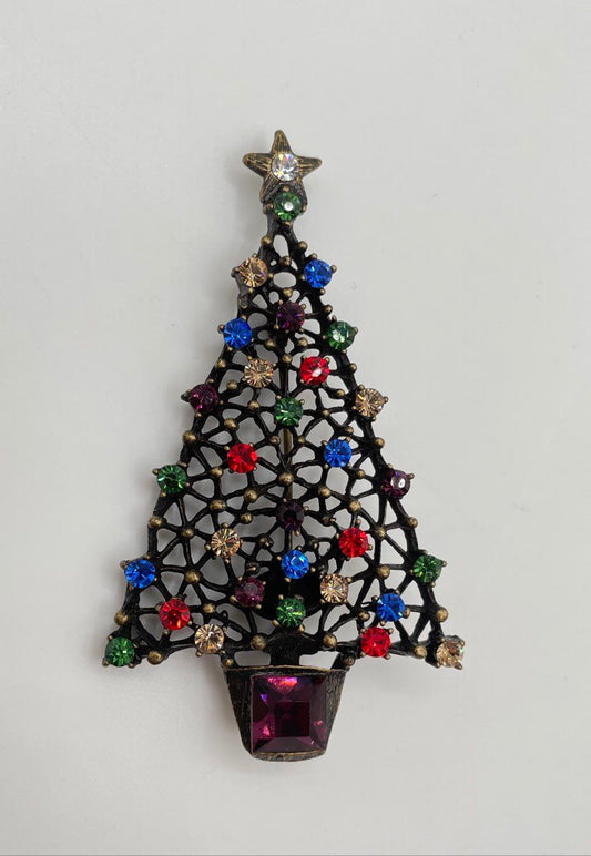 Sweet Romance Gold-Tone Multi-Colored Rhinestone Christmas Tree Brooch Pin 13.2g