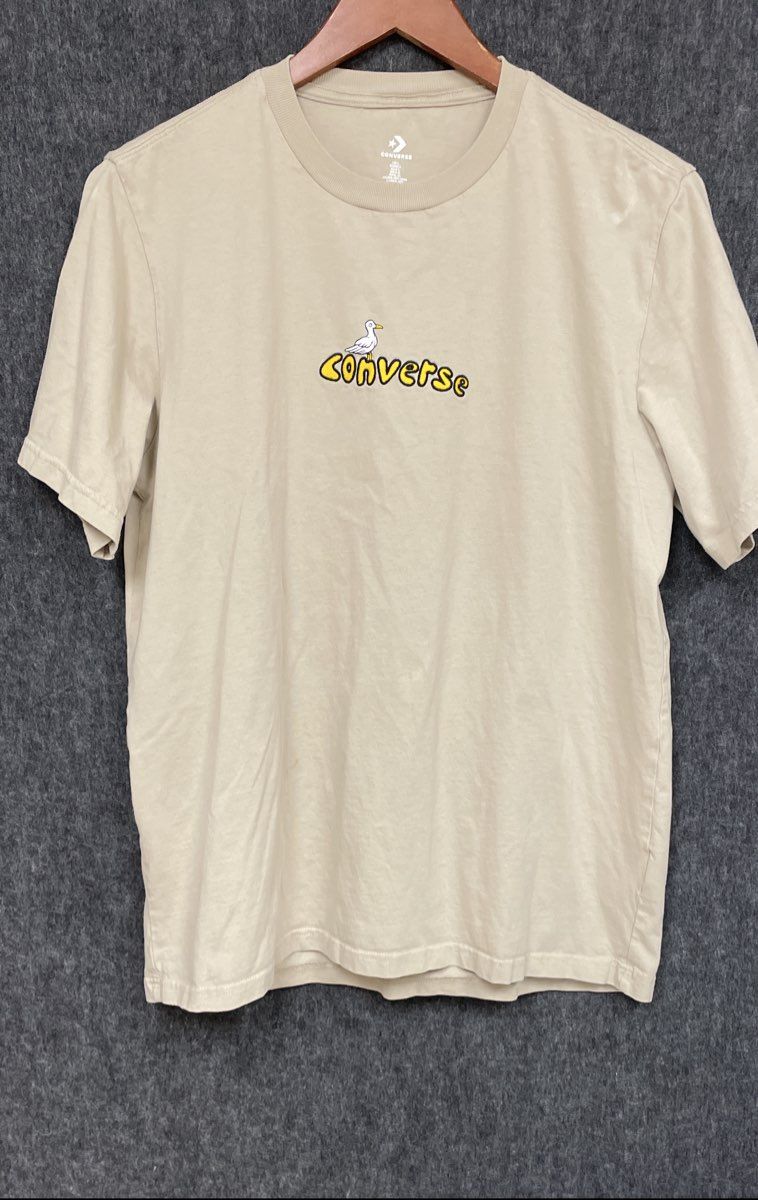 Converse Men's T-Shirt Tan Seagull Lighthouse Graphic Embroidered Logo Size L